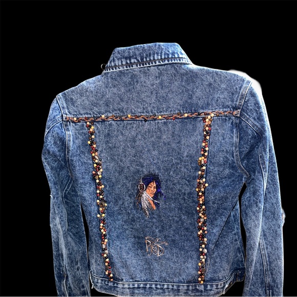 Native American Woman Embroidered Crystal Embellished Jean Jacket - Picture 2 of 12